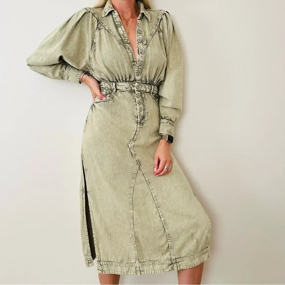 Free People Sage Denim Midi Dress Light Khaki Long Sleeve